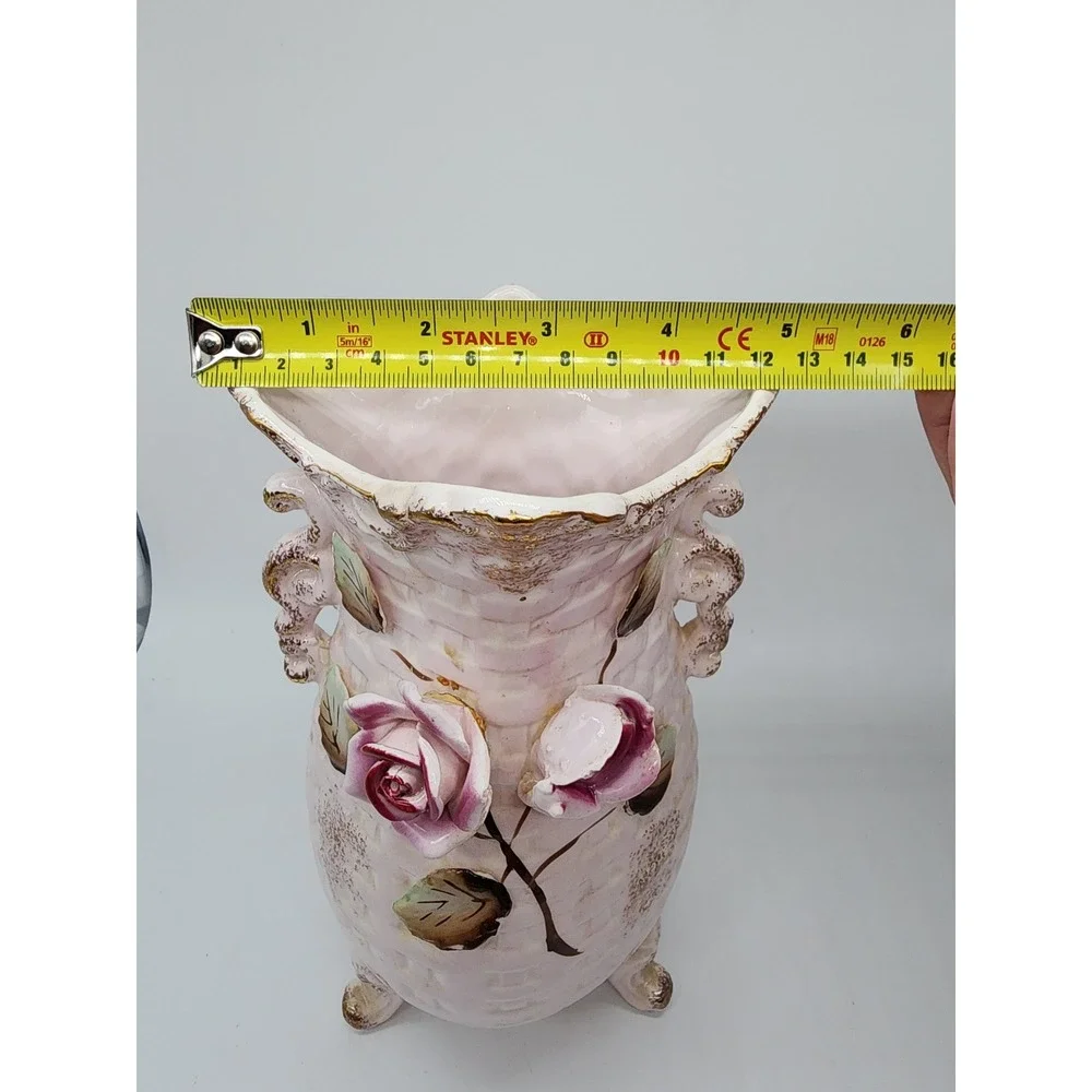 Vintage Pink Basketweave Ceramic Vase 3D Applied Roses Gold Gilt Trim 7.5in